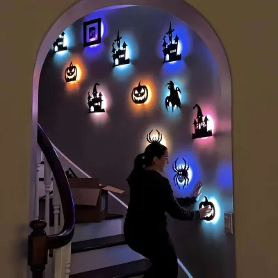Top Seller Halloween 3D Wall Stickers, Hollowed-out LED Nightlight, Used for Home Party Wall Decoration Pumpkin Bat Spider Shape