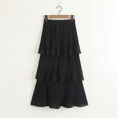 New Women's Fashion Solid Color Pleated Layered Stitching Summer Skirt