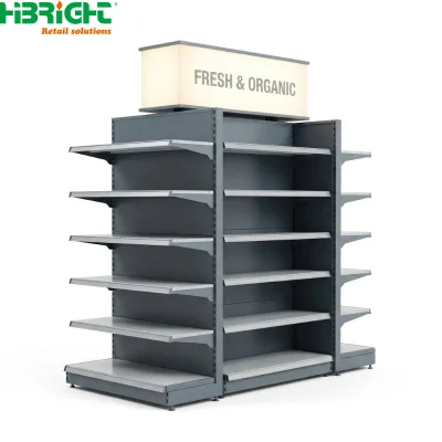 Double-Sided Metal Supermarket Display Shelving With LED Light Box Top Sign Frame Side Extension Racks for Store