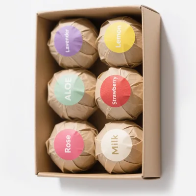 Private Label Organic Scented Bath Bombs Moisturizing Fizzies in Lemon Strawberry Lavender Milk Rose ALOE Kraft Paper Packaging