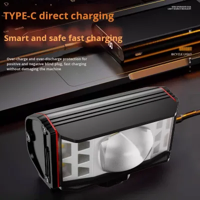 New Large-capacity Hanging Bicycle Headlight with Type-C Charging, Aluminum Alloy Front Light and Red-orange Warning Light