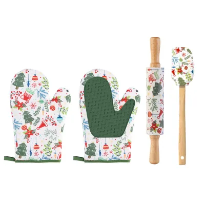 New Christmas Collection 4-Piece DIY Heat-Resistant Silicone Gloves Baking Tool Set for Home Pastry Making
