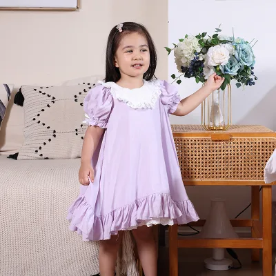 Single Layer Solid Purple Viscose Attire Suits Daily Casual Party Gathering Bulk Wholesale Kids Dress