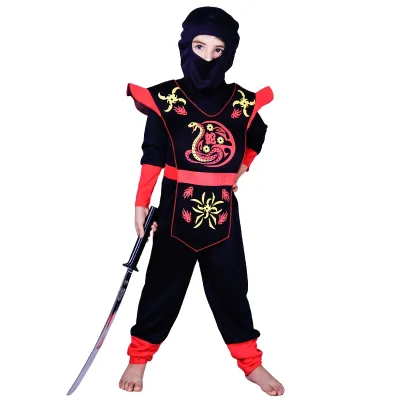 Kids Black Hooded Ninja Outfit with Red Dragon Print Halloween  Party Cool Ninja Costume for Kids