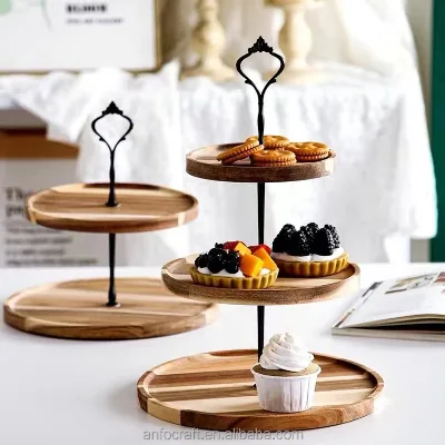 Modern Rustic 3-Tier Acacia Wood Cupcake Stand Large Wedding Dessert Display Tower Still Life Pattern Designed Tiered Cake Stand