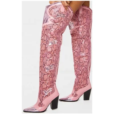 High Heel Pink Snakeskin Print PU Upper Mesh Shaft Women Pointed Toe Thigh High Boots Large Size 43 Slip-on Over Knee High Boots