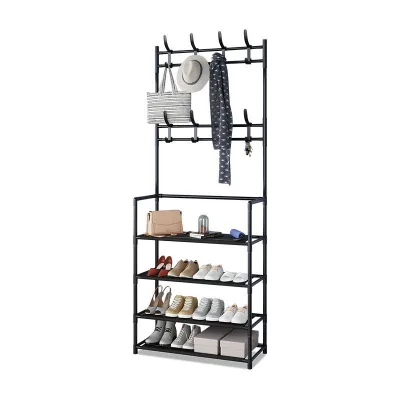 2024 Hot Sale Foldable Metal Shoe Rack Hangers Hooks Modern Coat Clothes Bag Storage Floor Stand Shelf Bedroom Living Room