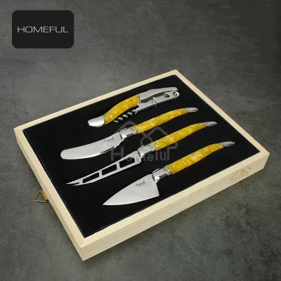 New Collection Laguiole Cheese Butter Knife Set Resin Amber Effect Handle Bamboo Metal for Home or Hotel Use Packed in Box