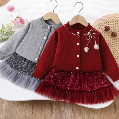 Girls' Casual Sweater Set Autumn Winter New  Western Style Beaded Flower Knitted Cardigan Sequin Skirt Two-piece Set