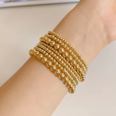 7Pcs Set 18K Gold Plated Ball Beaded Bracelet Stackable Smooth Copper Beads Elastic Stretch Bangle Set for Women