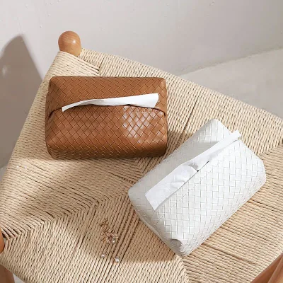 Wholesale Woven Leather Waterproof Modern Simple Tissue Napkin Storage Box for Car Bedroom Restaurant Desktop