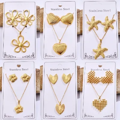 14K Gold Plated Heart-Shaped Necklace and Earring Set Shiny Stainless Steel Irregular Geometric Design Romantic Style