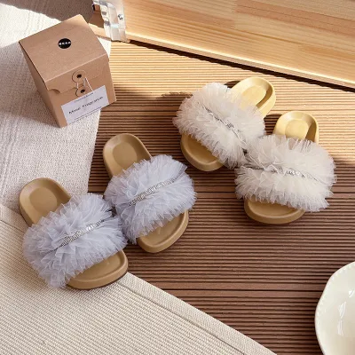 Summer New Style Girl's Fairy Style Skirt Slippers Small Mesh Sandals with Thick Bottom Rhinestone Chic Girl's Skirt Slipper