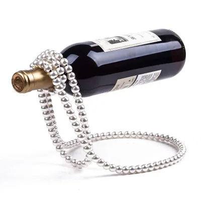 Creative Artificial Pearl Necklace Floating Wine Rack Metal Wine Display Stand Wine Bottle Holder for Bars and Home Decoration