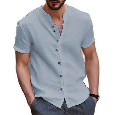 New Fashionable Men's Retro Button Shirts Breathable Linen/Cotton V-neck Casual Short Sleeve Shirt for Summer