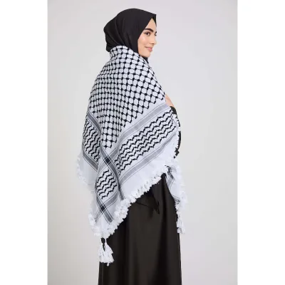 Premium Black and White Keffiyeh Scarf with Tassels Neckerchief
