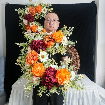 60cm Artificial Flower Garland Orange Artificial Silk Rose Hydrangea Peony Hanging Flower Wreath for Christmas Decoration
