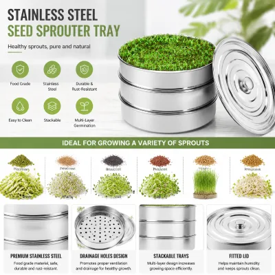 Stainless Steel Seed Sprouter Tray Multi-Tier Stackable Germination Kit for Microgreens Hydroponics Indoor Gardening