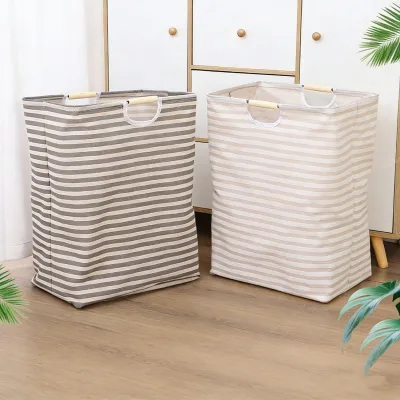 Large Collapsible Cotton Linen Laundry Basket with Wooden Handles Striped Storage Basket for Dirty Clothes Toys Organization