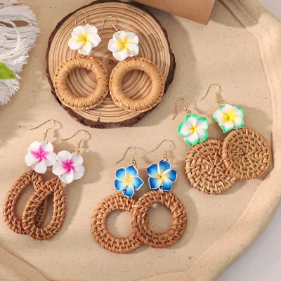 Vintage Handmade Woven Wooden Rattan Wicke Straw Pendant Earrings Different Shape Jewelry Fashion Drop Earrings