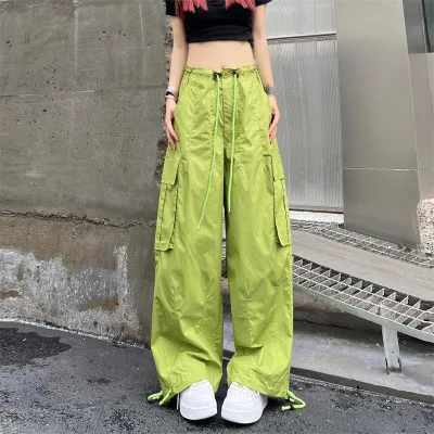 Wholesale Loose Straight Leg Women Overalls Hip Hop Track Cargo Pockets Drawstring Waist Casual Pants