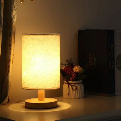 Nordic Wood Linen Usb Charge Led Small Nightlight Home Decor Medium-sized Classical Table Lamp with Soft Fabric for Bedroom