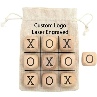 OEM Custom Logo Laser Engraved Wooden XO Chess Game Portable Outdoor Travel Board Game Tic Tac Toe with Printed Cloth Bag