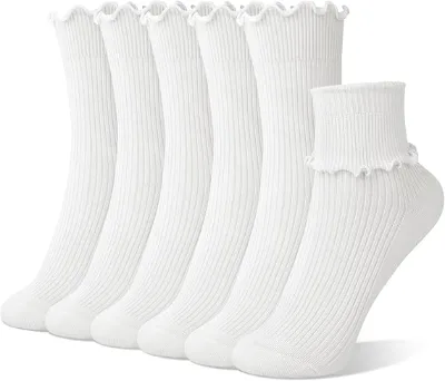 Cute Winter Breathable Thin Crew Socks for Women with Ruffle Lace-knit Frilled Edges and Digital Print