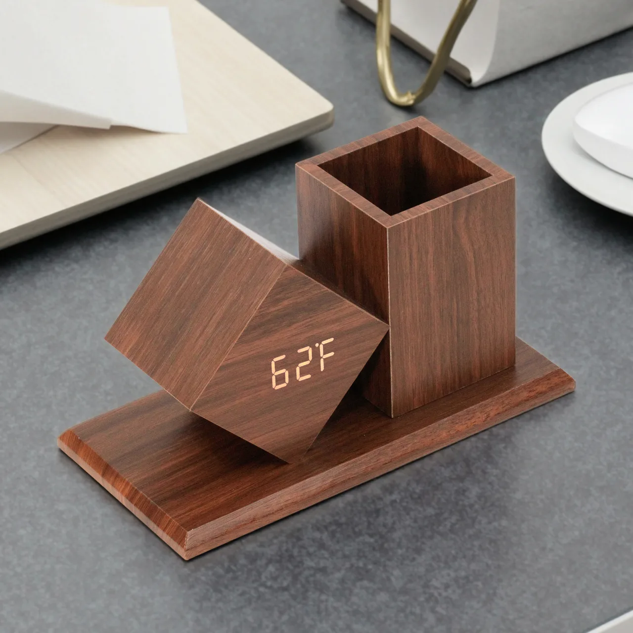 Factory Wholesale Desk Clock Modern LED Digital Wood Pen Holder with Voice Control Alarm Clock for Home Decor or Office Use