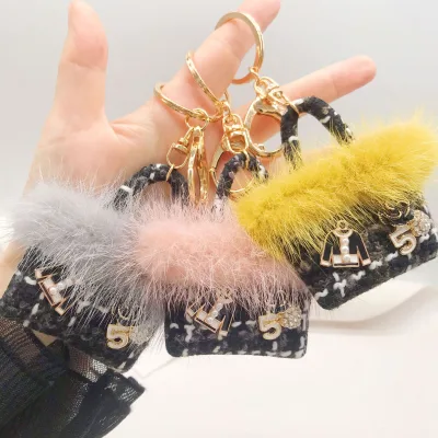Wholesale Luxury 3D Mini Zinc Alloy Metal Leather Plush Fashion Handbag Keychain with Chain Craft Car Charter
