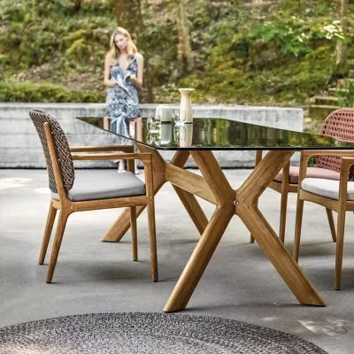 Nordic Outdoor Teak Furniture Set for Garden, Including Rattan Dining Chairs and Long Table Set