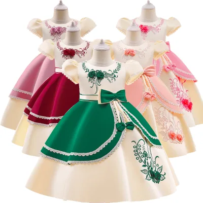 Clearance Long Tail Prom Gowns for Girls Princess Design Floral Lace Embroidery Bow Satin Satin Party Dresses for Kids 7 Years
