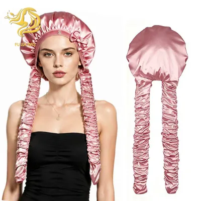 Women Satin Double Long Tail Bonnet, Adjustable Bow Sleep Cap for Long Braids Dreadlocks Curly Hair Night Hair Wrap Cap