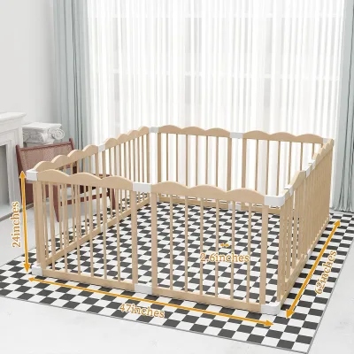Baby Playpen, Wooden Playpen for Babies and Toddlers, Large Adjustable Wooden Baby Playard with Locking Gate