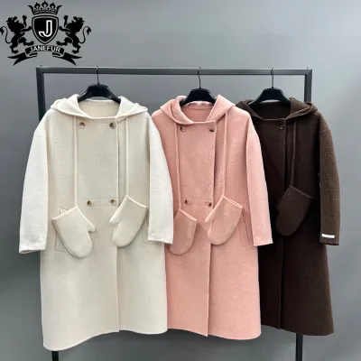 Janefur 2026 Exquisite Lovely Young Women's 100% Wool Coat with Hood and Detachable Gloves Ladies Genuine Wool Overcoat