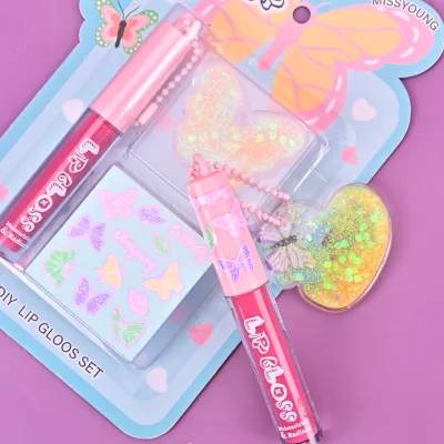 Custom Kids Sparkly Lip Gloss Set 1 Lip Gloss 1 Butterfly Stickers 1 Flowing Sand Washable Non-Toxic Multi Color Safe Gift for