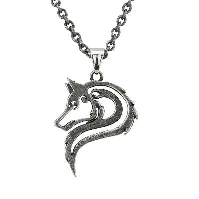 Punk Style Stainless Steel Wolf Head Pendant with Viking Collar Metal Charm Necklace for Men and Children