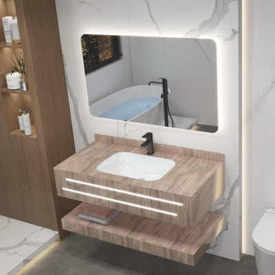Light Luxury and High Grade Bathroom Wall Cabinet with LED Light and Seamless Basin Modern Bathroom Vanities