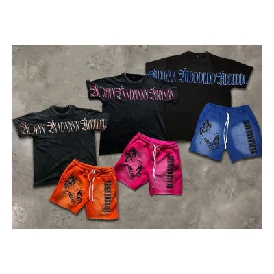 Acid Wash Sun Faded Heavy Cotton Shorts Sets Custom Screen Print Embroidery O-neck T-shirt and Sweat Shorts Set for Men