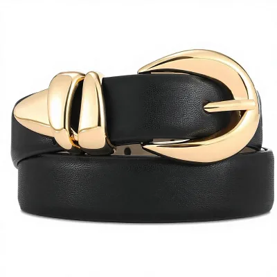 FM Solid Pattern Women's Stylish Design Gold Buckle Black Belt for Jeans Dresses