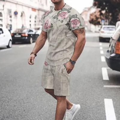 Digital Printing Fashion Casual Man 2 Piece Set Shorts Set Men T Shirt and Pants Set Men