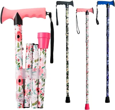 EBEST Hot Sale Folding Canes Patterns Beautiful Cane Poly Bag Hiking Walking Cane Iron 3-Section Clip 83 Elder Custom