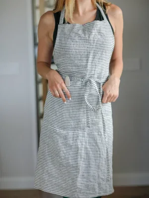 Linen Apron Striped Apron for Cooking Gardening Art Washed Linen Apron for Woman with Pocket and Long Waistbands Farmhouse Gift
