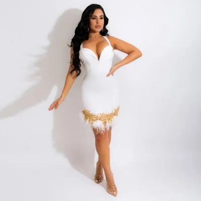 New Fashion Women Sexy V-neck Backless Formal Slip Dress Sequin Feather Midi Pencil Dresses Evening Party Dress