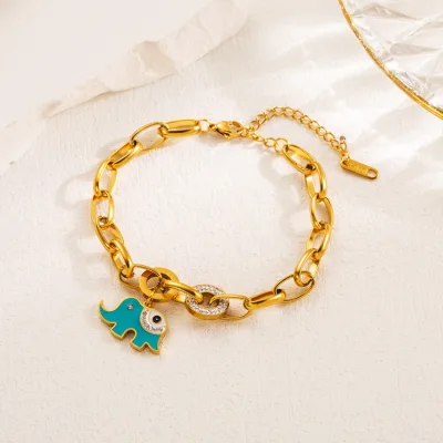 Stainless Steel Jewelry Wholesale China Gold Plated Double Layer Chain Crystal Loop Animal Elephant Charms Bracelet