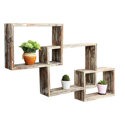 OKSQW Wall Mounted Torched Wood Interlocking Floating Shelves Shadow Box Display Wall Shelf Set of 3