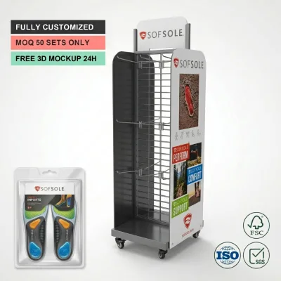 New Style Metal UV Coated Display Rack with Hooks Custom Portable Retail Floor Display Stand for Supermarket Footwear Store