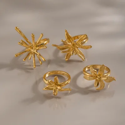 Custom 18K PVD Plated 316L Stainless Steel Flower Ring 3D Carved Petal Layered Lily Orchid Ring Anti Allergy Vintage Gold