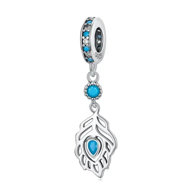 New Turquoise Peacock Feather Pendant Sterling Silver Retro Smart Diy Bracelet Beaded Accessories BSC633