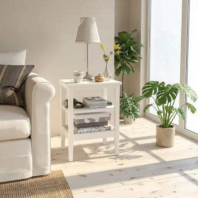 Simple White Wood 3-Tier Open Storage Side Cabinet Slim Sofa Side End Table for Home Living Furniture